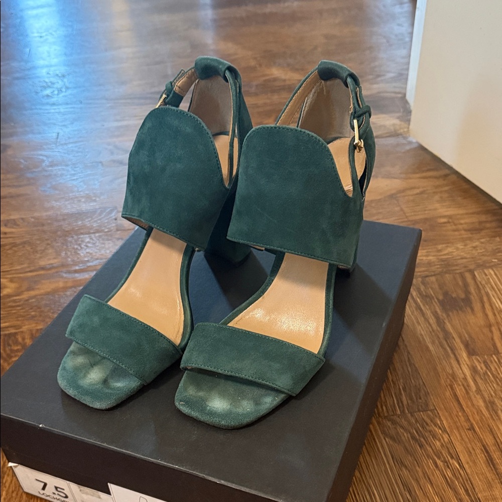 Banana Republic “Blyss” Block Heel Sandal | Size 7.5 | Loch Green Suede With Box